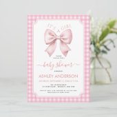 Pink Bow Baby Shower Gingham Plaid It's a Girl Einladung (Stehend Vorderseite)