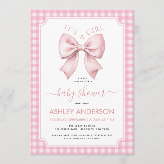 Pink Bow Baby Shower Gingham Plaid It's a Girl Einladung (Vorderseite)