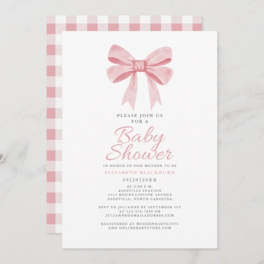 Pink Bow Baby Shower Girly Coquette Gingham Karo Einladung (Vorne/Hinten)