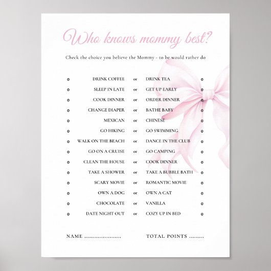 Pink Bow Baby Shower kennt Mommy Best Game Poster (Vorne)