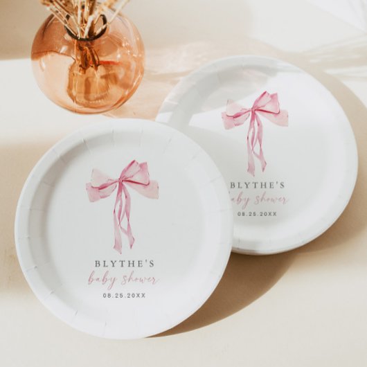 Pink Bow Baby Shower Paper Plate Girl Blush Ribbon Pappteller