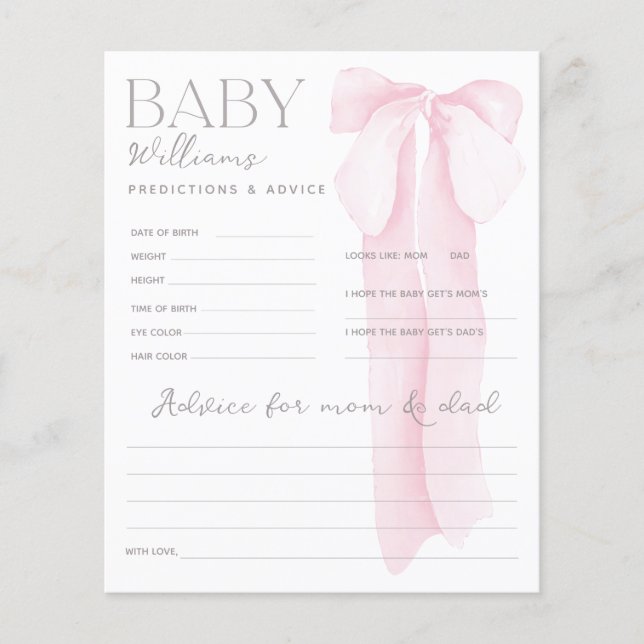 Pink Bow Baby Shower PREDICTIONS & ADVICE Game (Vorderseite)