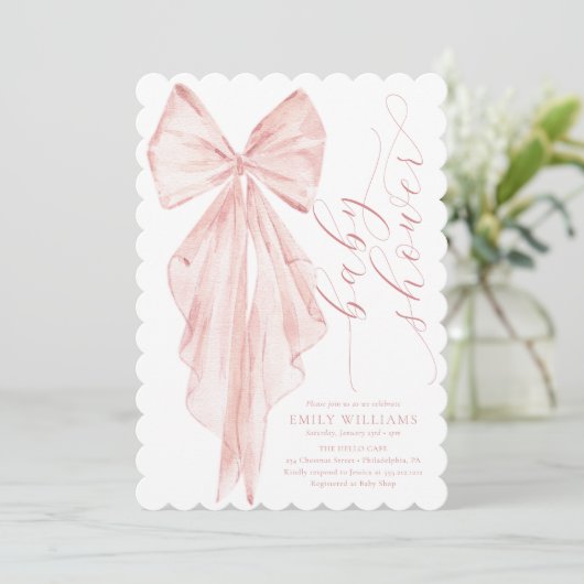 Pink Bow Babydusche Minimalistische Aquarellfarben Einladung (Stehend Vorderseite)