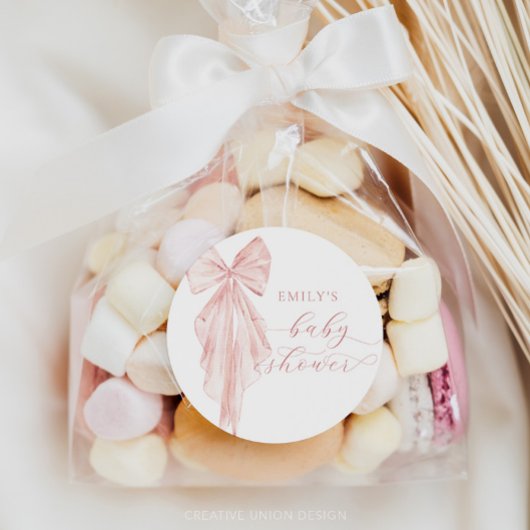 Pink Bow Babydusche Minimalistische Aquarellfarben Runder Aufkleber