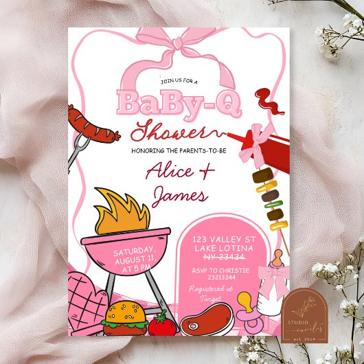 Pink Bow Backyard BabyQ Baby Shower Einladung