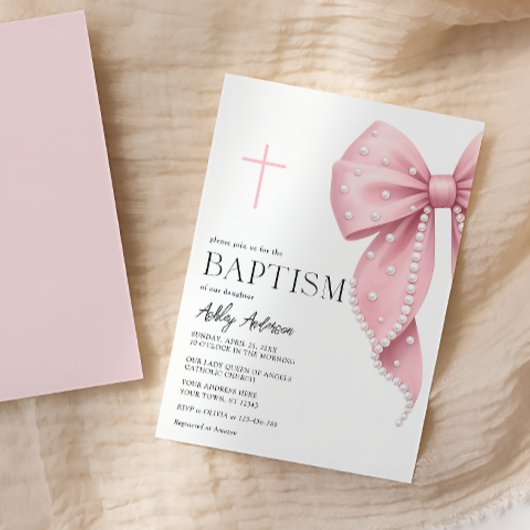 Pink Bow Baptism Girl Invitation Einladung