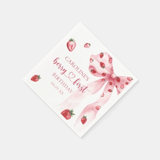 Pink Bow Berry First Strawberry Birthday Napkins Serviette (Ecke)