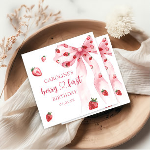 Pink Bow Berry First Strawberry Birthday Napkins Serviette