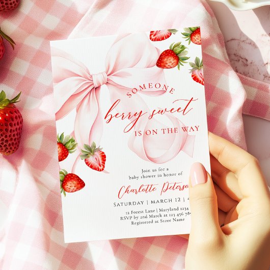 Pink Bow Berry Sweet Baby Shower Invitation Einladung