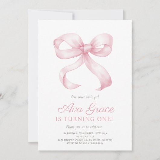 Pink Bow Birthday Girl Party Einladung (Vorderseite)