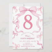 Pink Bow Birthday Invite, Girls 8th Birthday Invit Einladung (Vorderseite)