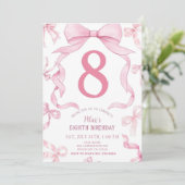 Pink Bow Birthday Invite, Girls 8th Birthday Invit Einladung (Stehend Vorderseite)