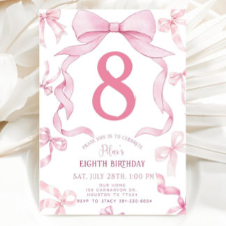 Pink Bow Birthday Invite, Girls 8th Birthday Invit Einladung