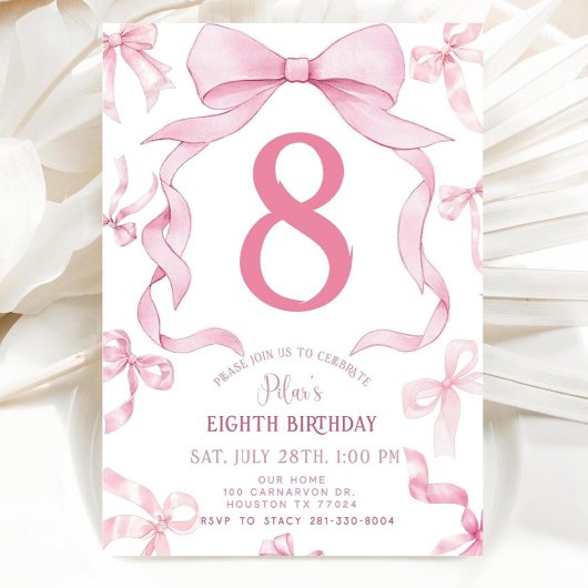 Pink Bow Birthday Invite, Girls 8th Birthday Invit Einladung