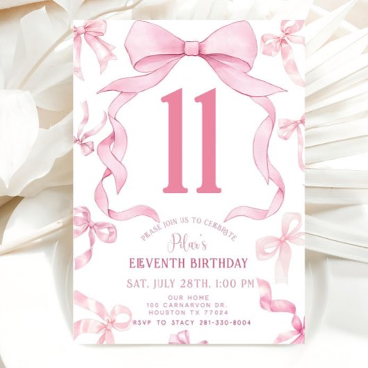 Pink Bow Birthday Invite, Mädchen 11. Geburtstag Einladung