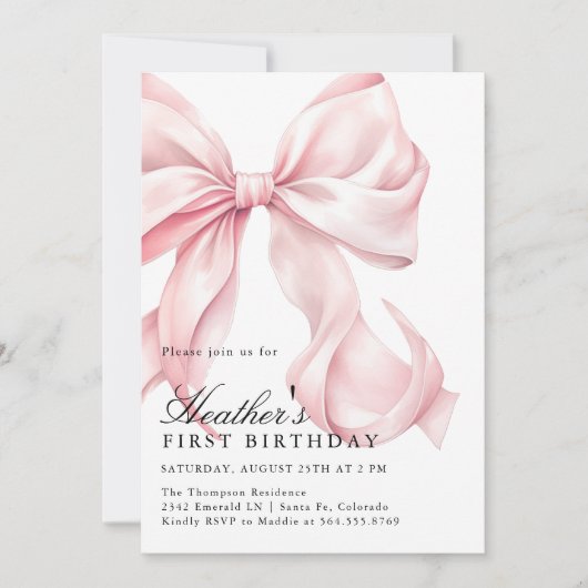 Pink Bow Birthday Party Coquette Bow Einladung (Vorderseite)