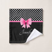 Pink Bow Black and White Polka Dots Name Badhandtuch Set (Waschlappen)
