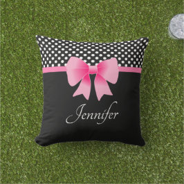 Pink Bow Black & White Polka Dots Muster Name Kissen