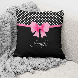 Pink Bow Black & White Polka Dots Muster Name Kissen