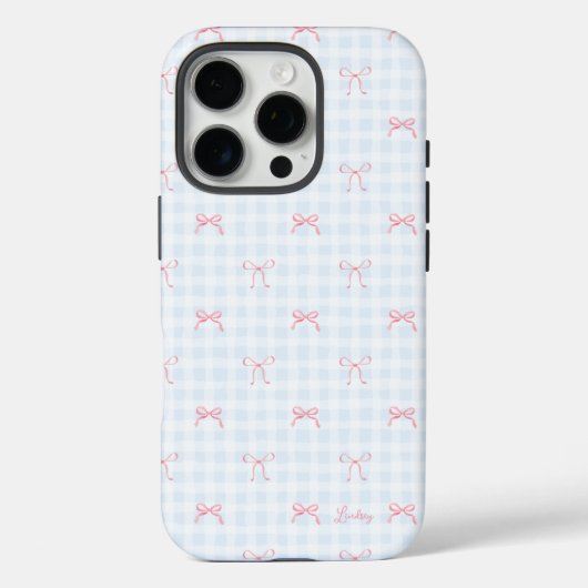 Pink Bow Blue Gingham Personalisiert Name Case-Mate iPhone Hülle (Rückseite)