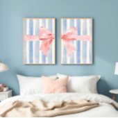 Pink Bow Blue Watercolor Stripes, Girly Aesthetic Bilderwand Sets