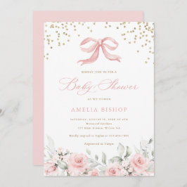 Pink Bow Blues Blush Greenery Gold Baby Dusche Einladung