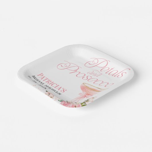 Pink Bow Blumenblätter und Prosecco Brautparty Pappteller (Gewinkelt)