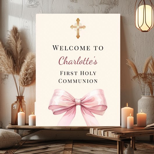 Pink bow blush ivory First Holy Communion welcome Poster
