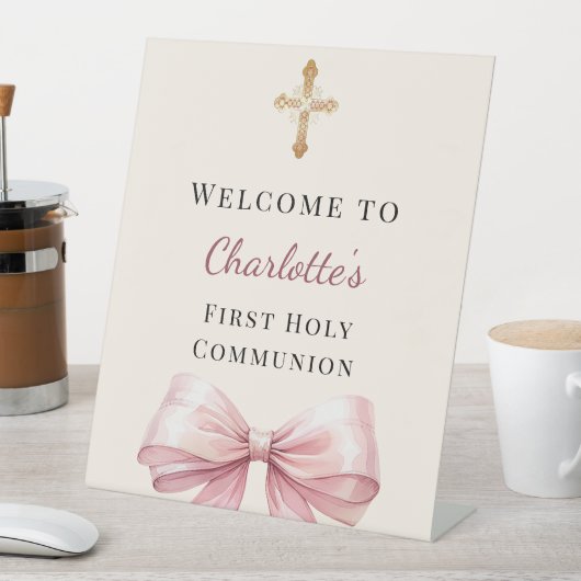 Pink bow blush ivory First Holy Communion welcome Sockelschild (In Situ)