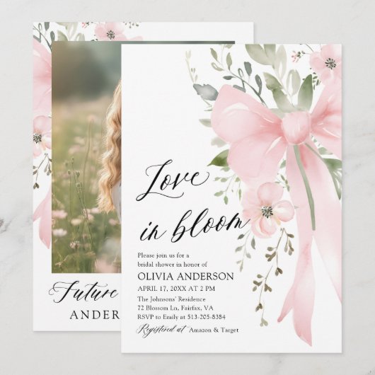 Pink Bow Blütenblümliche Liebe im Brautparty Bloom Einladung (Vorne/Hinten)