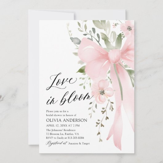 Pink Bow Blütenblümliche Liebe im Brautparty Bloom Einladung (Vorderseite)