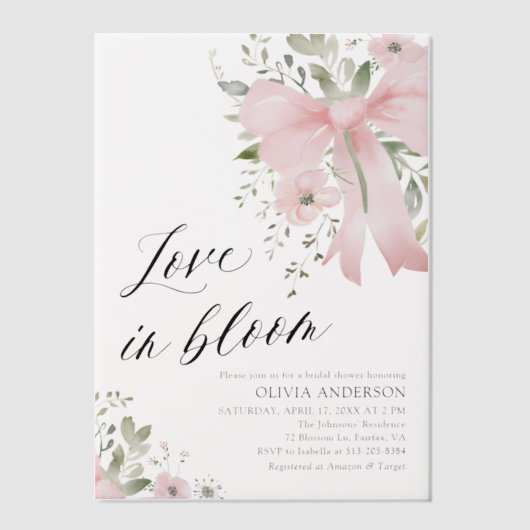 Pink Bow Blütenblümliche Liebe im Brautparty Bloom Pergament Einladungen (Vorderseite)