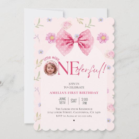 Pink Bow Blütenspass Einen 1. Geburtstag Einladung (Vorderseite)