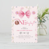 Pink Bow Blütenspass Einen 1. Geburtstag Einladung (Stehend Vorderseite)