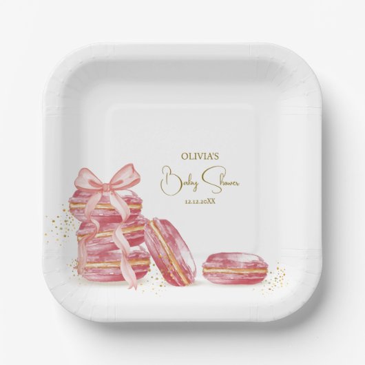 Pink Bow Bonjour Bébé Französisch Macarons Babydus Pappteller (Vorderseite)