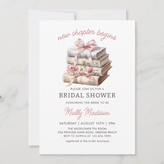 Pink Bow Book New Chapter Beginnt Brautparty Einladung (Vorderseite)