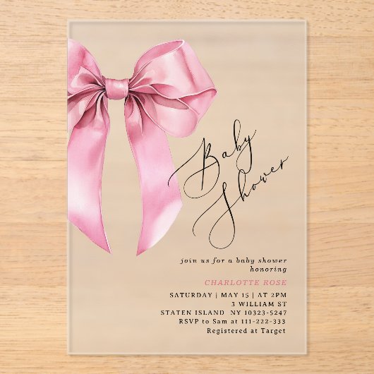 Pink Bow Bowtiful Baby Dusche Acryleinladungen (Vorderseite)