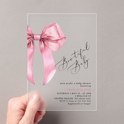 Pink Bow Bowtiful Baby Dusche Acryleinladungen (Insitu (Handheld))