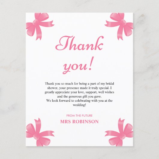 Pink Bow Brautparty Danke Karte (Vorderseite)