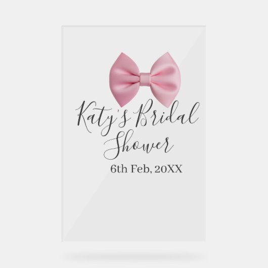 Pink bow bridal shower name date pastel stylish te acrylschild (Vorderseite)