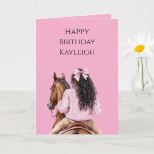 Pink Bow Brown Horse Black Hair Girl Geburtstag Karte