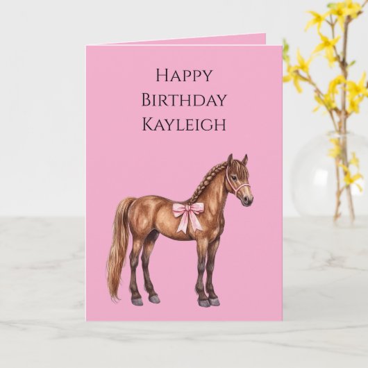 Pink Bow Brown Pferd mit Braid Birthday Karte (Gelbe Blume)