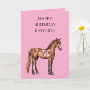 Pink Bow Brown Pferd mit Braid Birthday Karte