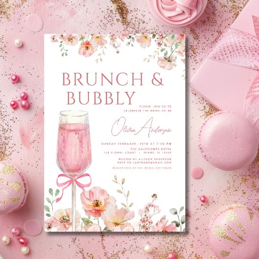Pink Bow Brunch und Bubbly Champagne Brautparty Einladung