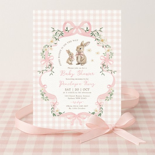 Pink Bow Bunny Gingham Floral Girl Baby Shower Einladung