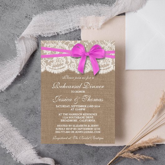 Pink Bow Burlap & Lace Hochzeit Probe Dinner Einladung