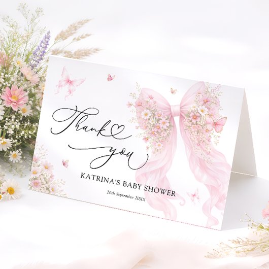 Pink Bow Butterfly Baby Shower Thank You Card Dankeskarte