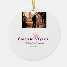 Pink bow cheers to 50 years anniversary wedding  keramik ornament