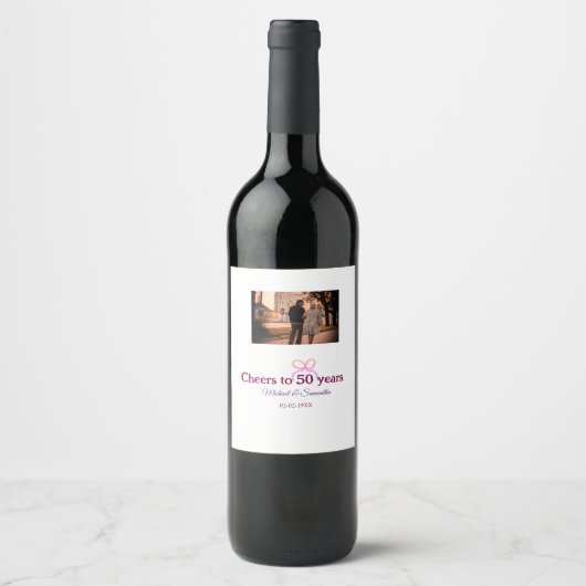 Pink bow cheers to 50 years anniversary wedding  weinetikett (Vorderseite)