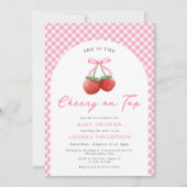 Pink Bow Cherry auf Top Baby Shower Gingham Einladung (Vorderseite)